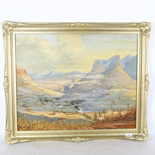 2880 - Alisa West, oil on canvas, panoramic mountain view, 68cm x 82cm overall, framed