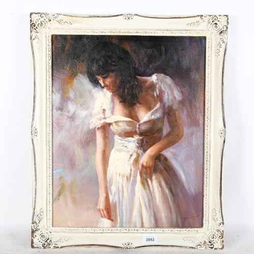 2882 - An oil on board, portrait of a young lady, 60cm x 50cm overall, framed