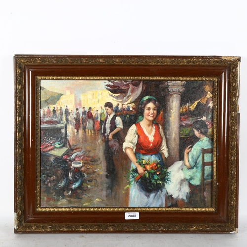 2888 - Contemporary oil on board, Continental market scene, 48cm x 58cm