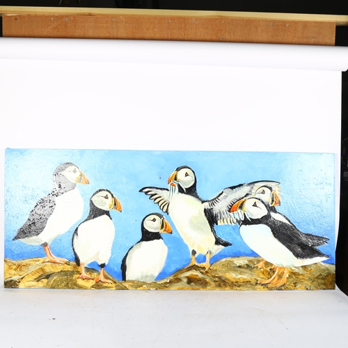 2889 - Clive Fredriksson, acrylics on canvas, family of puffins, 51cm x 122cm, unframed