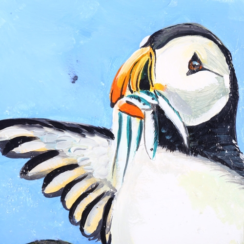 2889 - Clive Fredriksson, acrylics on canvas, family of puffins, 51cm x 122cm, unframed