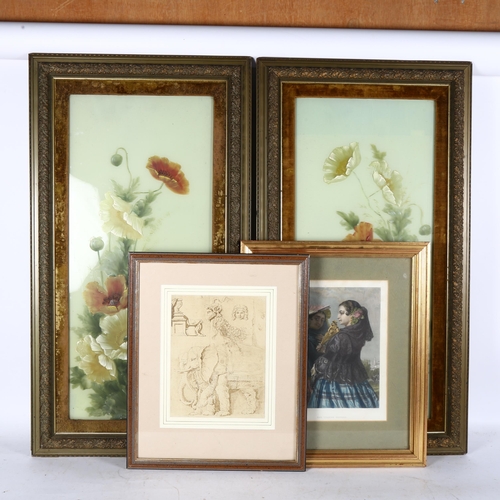 2891 - A collection of prints, etchings, woolwork, and a pair of paintings on glass, framed