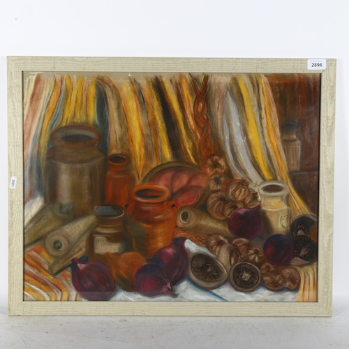 2896 - Hilary McMaster, pastels and charcoal, red onions and pots, 54cm x 68cm overall, framed