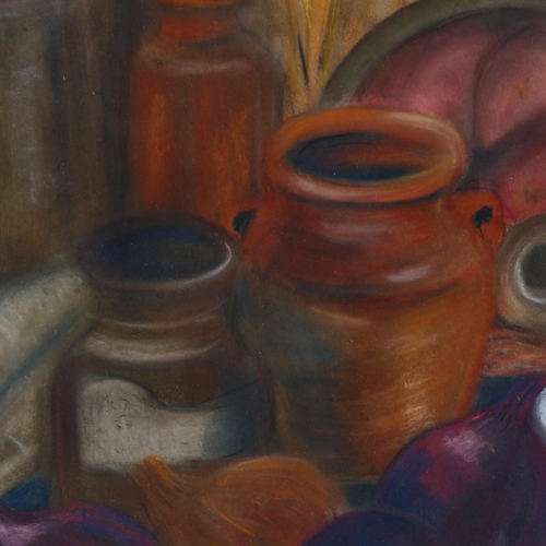 2896 - Hilary McMaster, pastels and charcoal, red onions and pots, 54cm x 68cm overall, framed