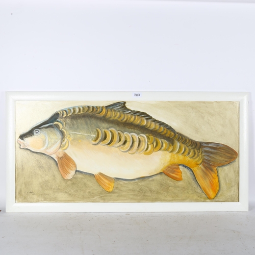 2903 - Clive Fredriksson, oil on board, study of a carp, 48cm x 97cm overall, framed