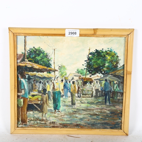 2908 - D Malik, oil on canvas, Indian street market, 27cm x 30cm, framed