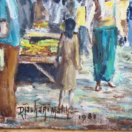 2908 - D Malik, oil on canvas, Indian street market, 27cm x 30cm, framed