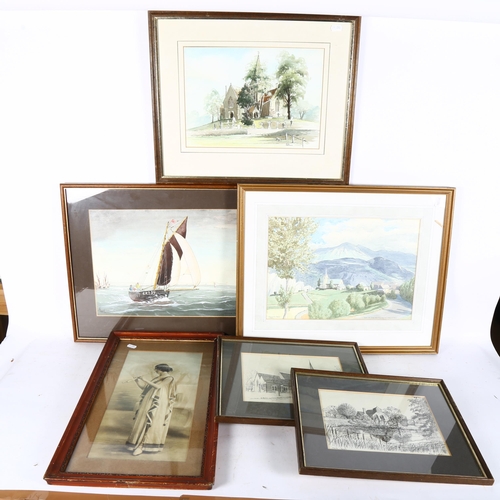 2912 - A group of watercolours and prints, including G Deacon, watercolour, 