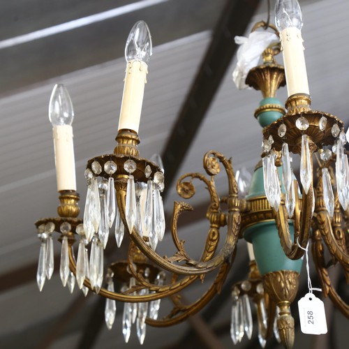 258 - A Regency style ormolu and ceramic 8-branch arrowhead glass lustre chandelier, drop 44cm