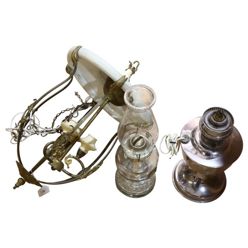 261 - A Vintage brass and painted metal hanging pendant light fitting, and 2 oil lamps