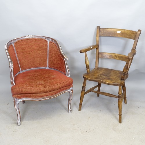 2695 - A Continental walnut and upholstered tub chair and an elm seated open arm chair (2)