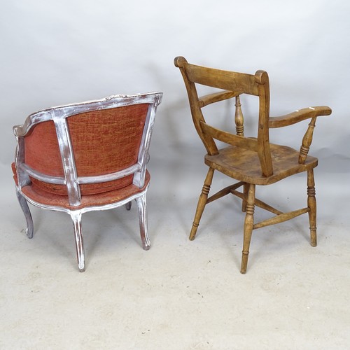 2695 - A Continental walnut and upholstered tub chair and an elm seated open arm chair (2)