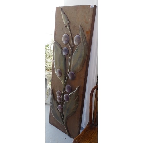 2718 - A stained wood double-sided panel with applied floral decoration, W 50cm