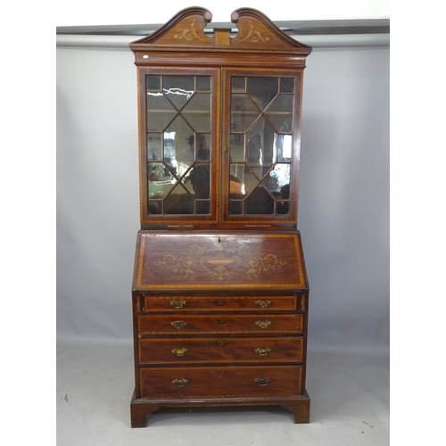 2357 - A 19th century crossbanded mahogany and satinwood-strung 2-section bureau bookcase, the fall-front r... 