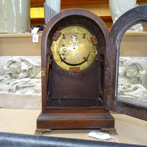 511 - An Antique dome-top mantel clock, 28cm, an inlaid mantel clock, a small brass carriage clock (A/F), ... 