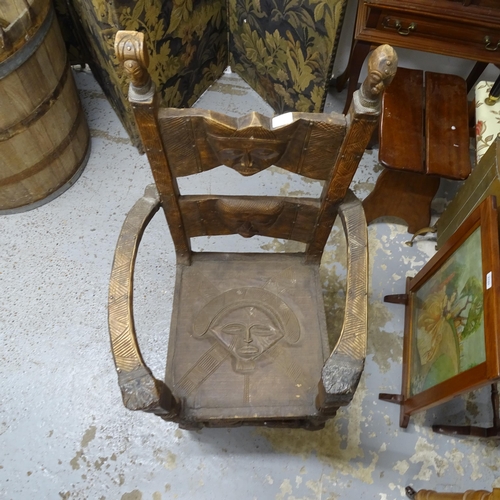 2705 - An early 20th century Chokwe African tribal Chieftain's chair, the figural carved wood with patinati... 