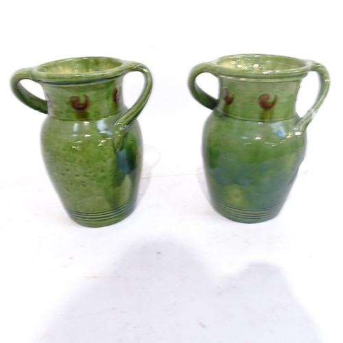 522 - A pair of 2-handled green glaze vases, and a Pilkington's vase