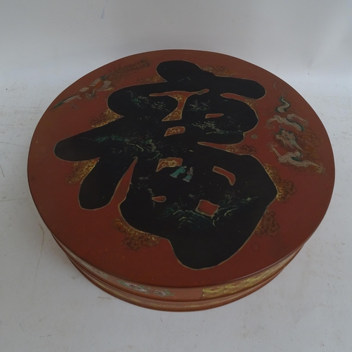 164 - A Chinese design hors d'oeuvres set within a red and gold lacquered circular box, box diameter 33cm