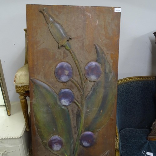 2718 - A stained wood double-sided panel with applied floral decoration, W 50cm