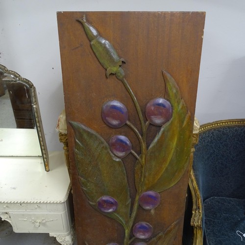 2718 - A stained wood double-sided panel with applied floral decoration, W 50cm