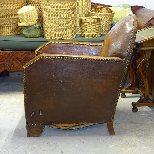 2625 - A pair of French leather Art Deco armchairs, 76 x 90 x 84cm, seat 54 x 44 x 55cm