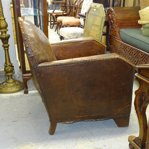 2625 - A pair of French leather Art Deco armchairs, 76 x 90 x 84cm, seat 54 x 44 x 55cm