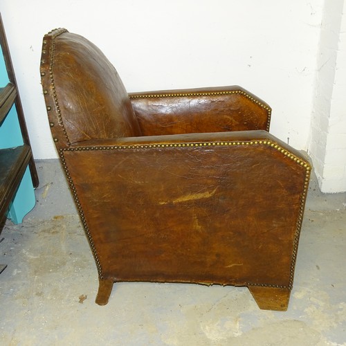 2625 - A pair of French leather Art Deco armchairs, 76 x 90 x 84cm, seat 54 x 44 x 55cm