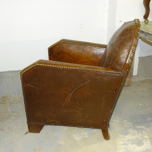 2625 - A pair of French leather Art Deco armchairs, 76 x 90 x 84cm, seat 54 x 44 x 55cm