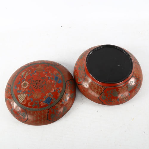 112 - A Chinese red lacquer circular box with painted decoration, diameter 17cm