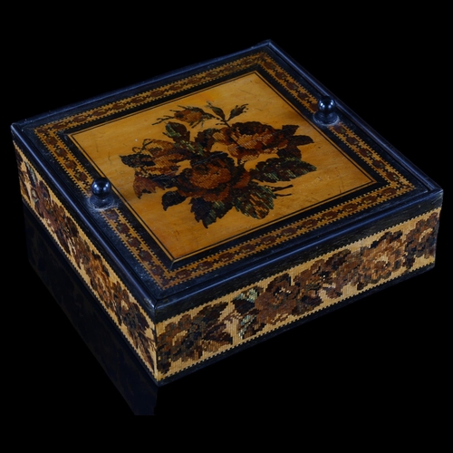 118 - A 19th century square Tunbridge Ware micro-mosaic box with floral inlaid lid, 17cm x 17cm, height 5.... 