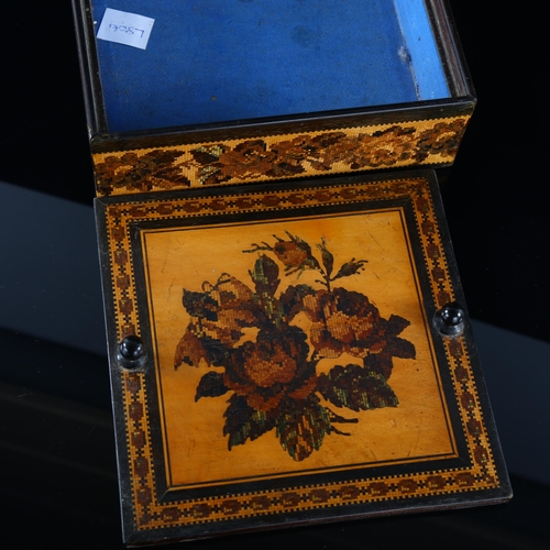 118 - A 19th century square Tunbridge Ware micro-mosaic box with floral inlaid lid, 17cm x 17cm, height 5.... 