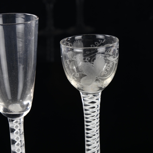 12 - An Antique cordial glass with milk twist stem, height 15.5cm, and a glass with multi milk twist stem... 
