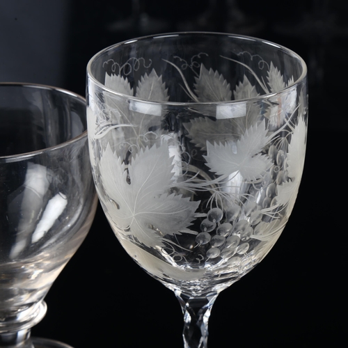 13 - A 19th century wine glass with engraved grapevine bowl, height 17cm, and 2 other Antique glasses (3)