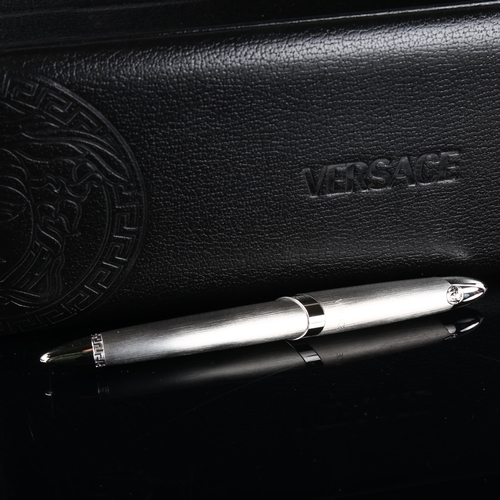 142 - VERSACE - a fine fibre tip pen, brushed and polished chrome finish, original box papers and cloth