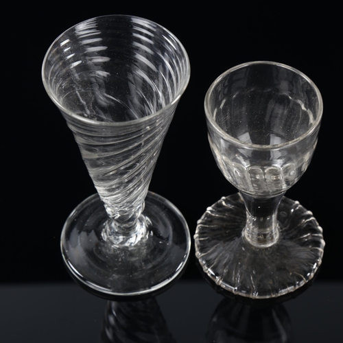 16 - An Antique cordial glass with moulded bowl on heavy foot, height 10cm, and a funnel-shaped glass, he... 
