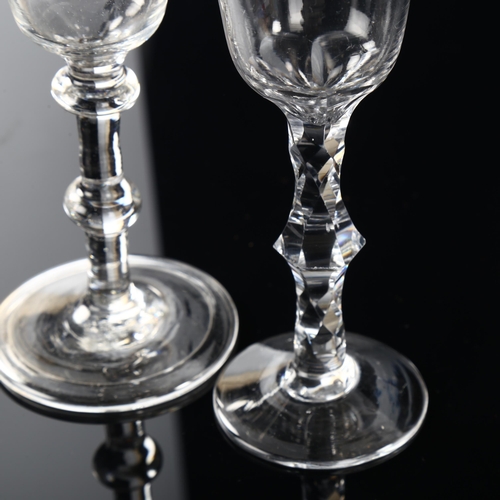 17 - An Antique cordial glass with multi-facet stem, height 14cm, and a cordial glass with globular stem ... 