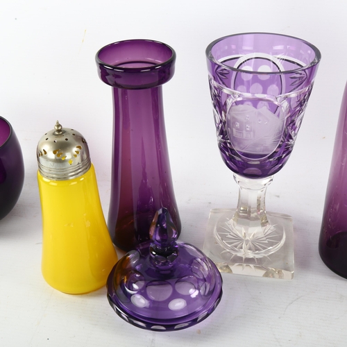 19 - A group of 19th century coloured glass, including amethyst overlay bowl and cover, height 28cm (5)