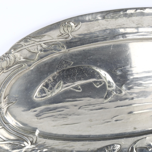 36 - An Art Nouveau electroplate fish platter with relief moulded decoration, maker's marks B and G, patt... 