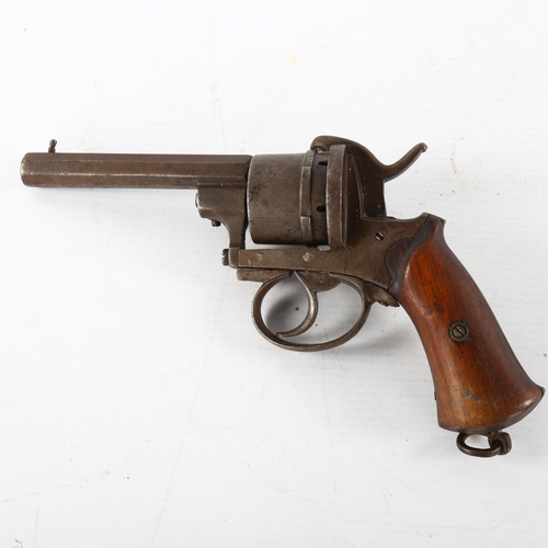 7 - A 19th century French pinfire revolver, barrel length 10cm (missing ejector rod)