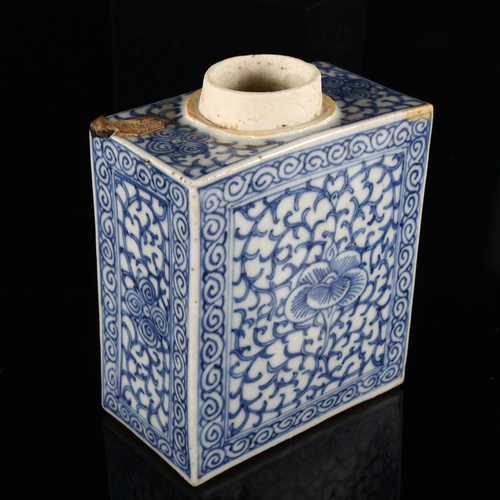 82 - A Chinese blue and white porcelain caddy, with painted decoration, height 15cm, and blue and white t... 