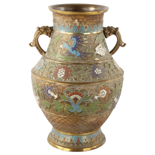 86 - A Chinese bronze and champleve enamel 2-handled vase, with relief moulded decoration, height 30cm