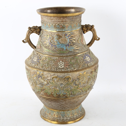 86 - A Chinese bronze and champleve enamel 2-handled vase, with relief moulded decoration, height 30cm