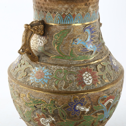 86 - A Chinese bronze and champleve enamel 2-handled vase, with relief moulded decoration, height 30cm