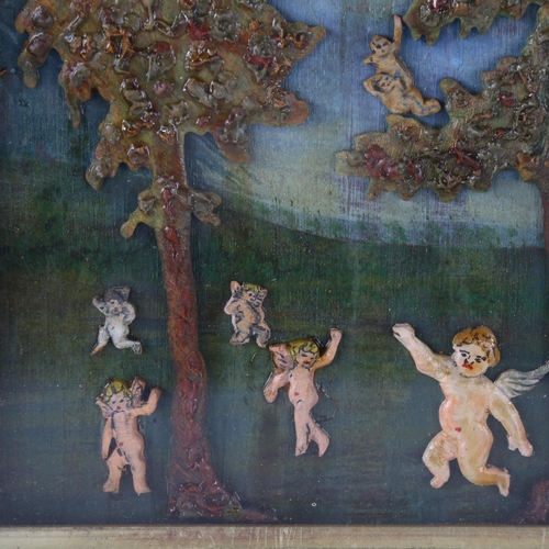 96 - A carved and painted wood/wax relief picture, depicting trees and cherubs in glazed frame, 21cm x 25... 