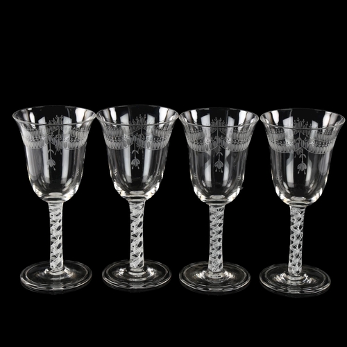 157 - A set of 4 wine glasses with engraved bowls and opaque milk twist stems, height 19.5cm