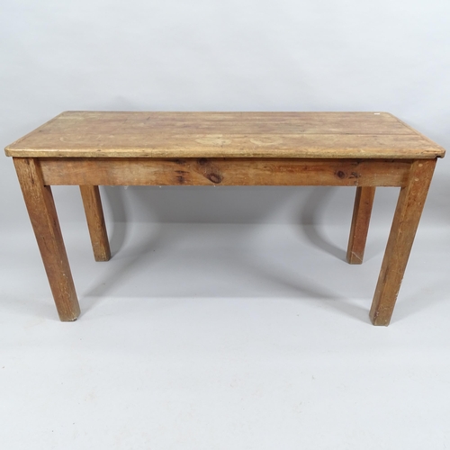 2024 - An antique pine plank top kitchen table. 146x74x60cm.