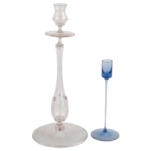 156 - A 19th century glass candlestick, possibly French and another Scandinavian blue glass candlestick, t... 