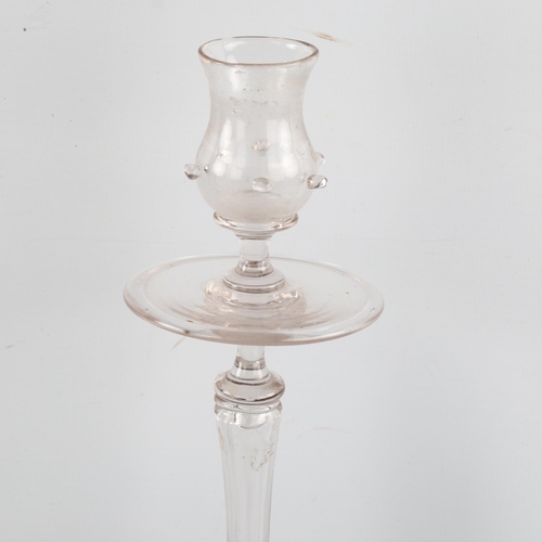 156 - A 19th century glass candlestick, possibly French and another Scandinavian blue glass candlestick, t... 