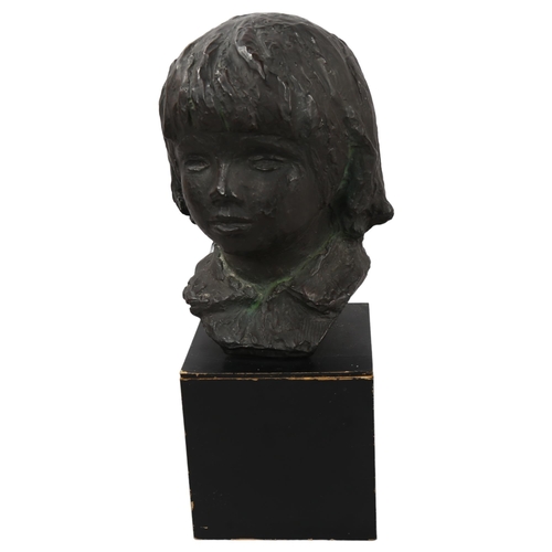 158 - A 1950s' bronzed plaster bust of a young girl, on wooden plinth, overall height 43cm