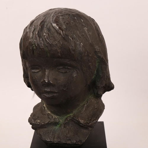 158 - A 1950s' bronzed plaster bust of a young girl, on wooden plinth, overall height 43cm